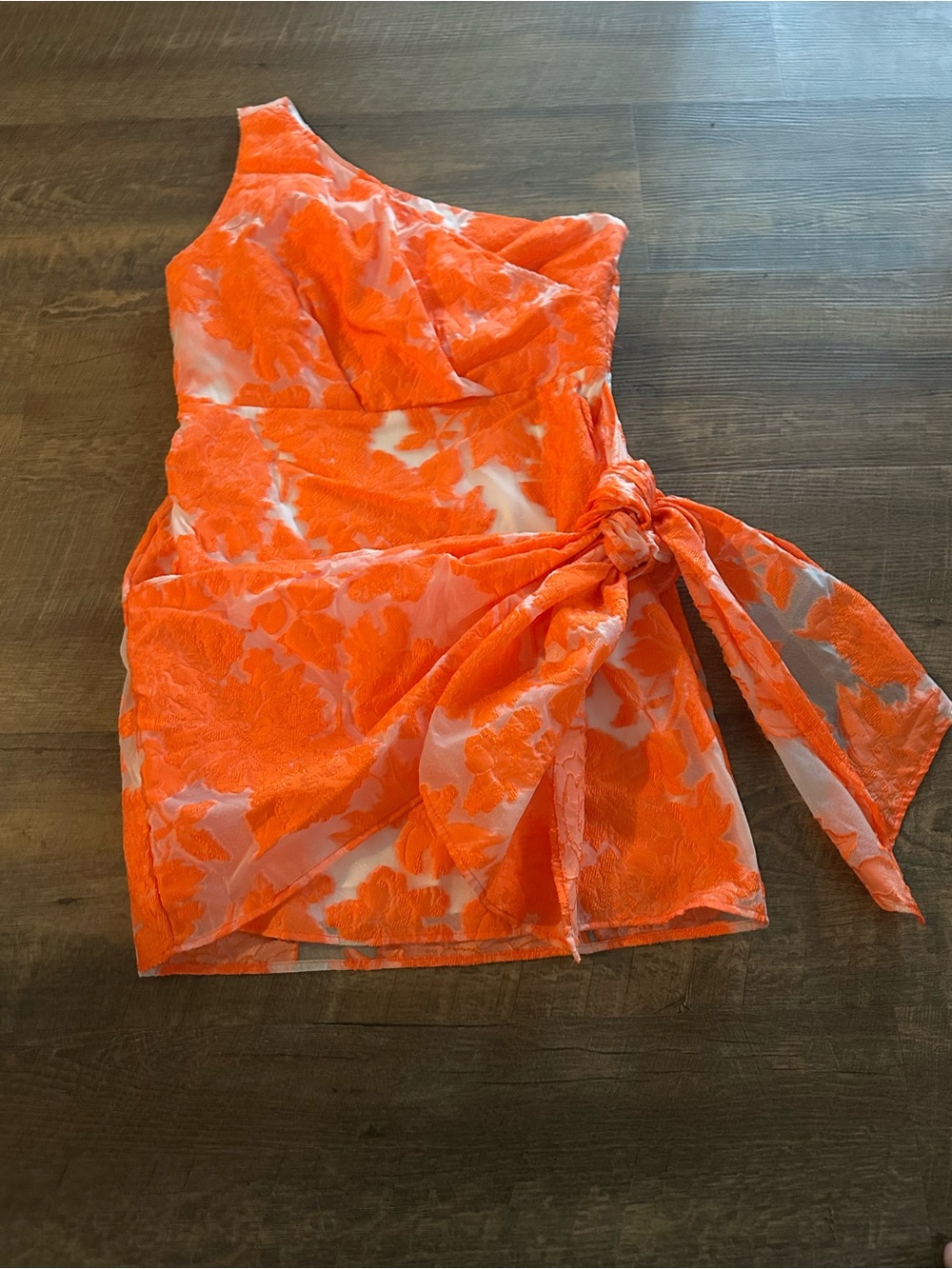 Showpo Neon Orange One-Shoulder Floral Tie-Waist Mini Dress
